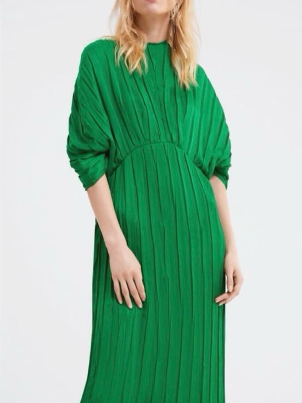 ZARA Green Elegant Pleated Midi Dress